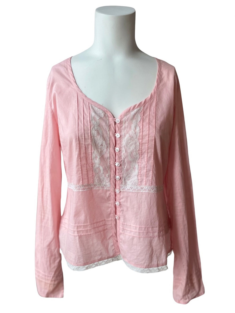 Pink Lace-Trim Button Front Blouse